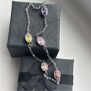 White Gold Plated Multicolor Bracelet Dainty Oval Gemstone Jewel Tone Bracelet